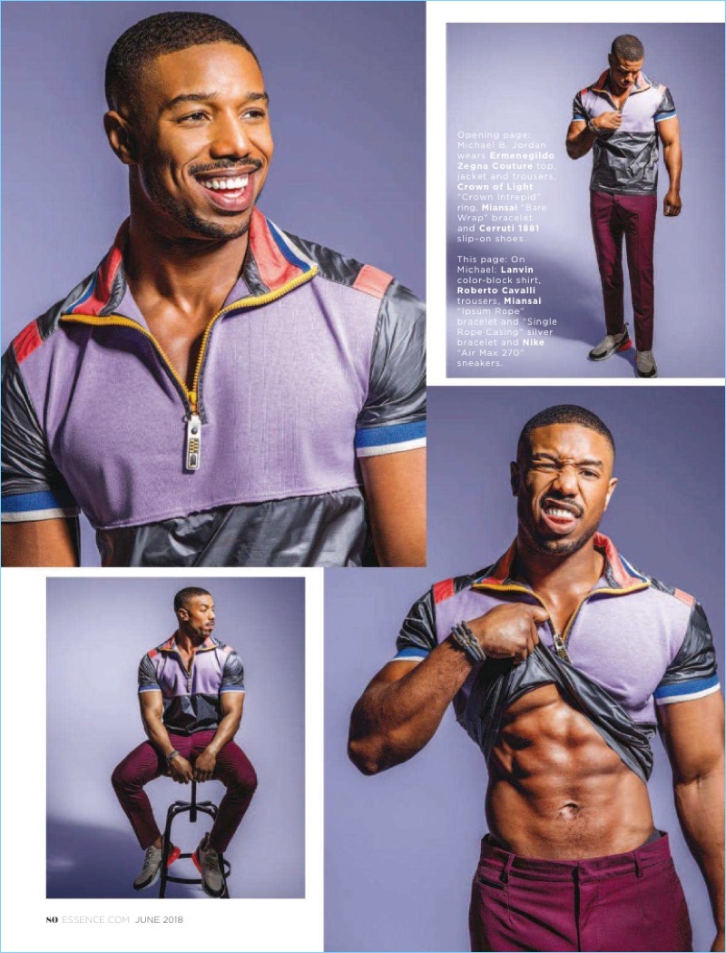 Embracing color, Michael B. Jordan rocks a Lanvin shirt, Roberto Cavalli trousers, and Nike sneakers.