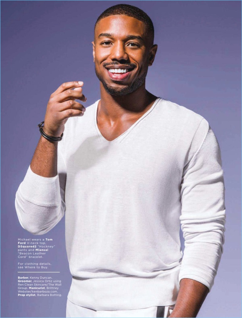 Connecting with Essence magazine, Michael B. Jordan dons a Tom Ford sweater and Dsquared2 pants with a Miansai bracelet.