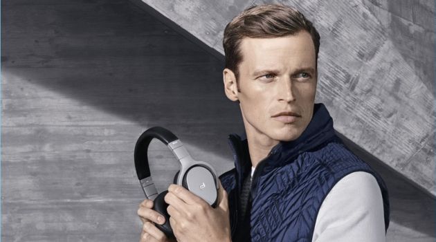 Lars Burmeister Fronts Porsche Design's Spring '18 Outing Model Lars Burmeister poses with headphones from Porsche Design.