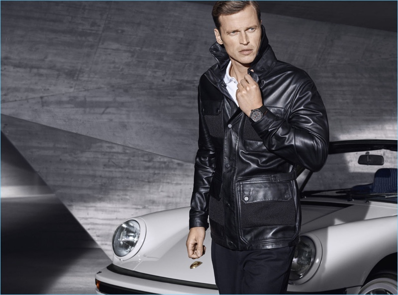 Lars Burmeister dons a leather jacket from Porsche Design's spring-summer 2018 collection.