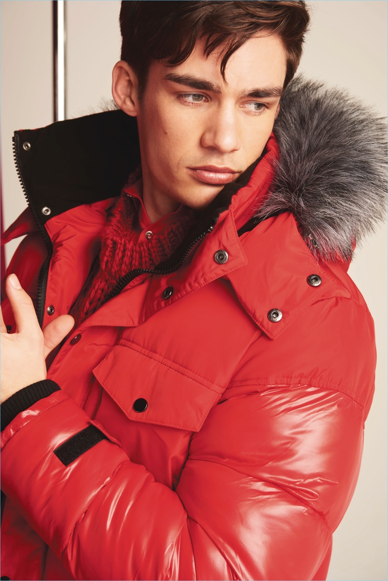 David Bywater makes a red statement in a puffer jacket from River Island.
