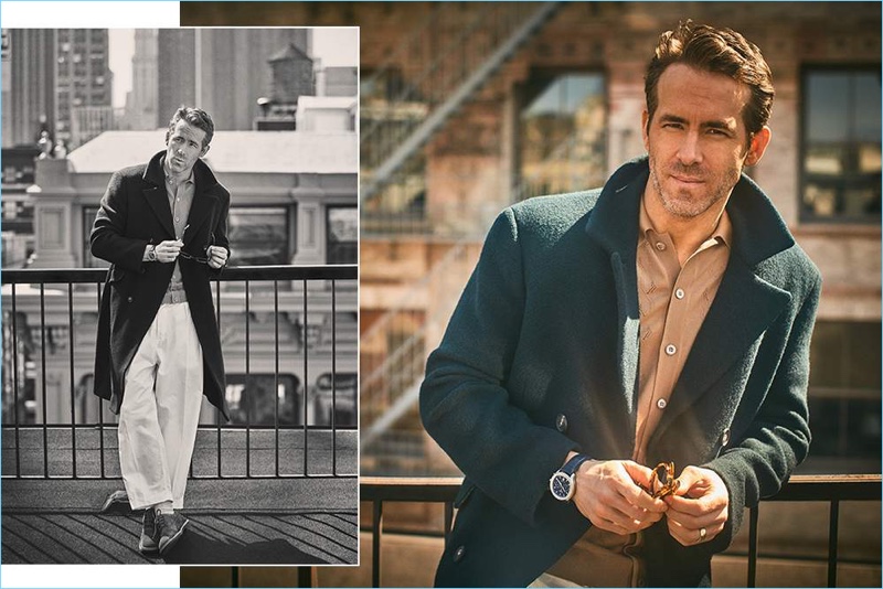 Connecting with Mr Porter, Ryan Reynolds wears a Massimo Alba oversized double-breasted coat, Prada cardigan, and Albam trousers. Lanvin suede derby shoes and Oliver Spencer sunglasses complete Reynolds' look.