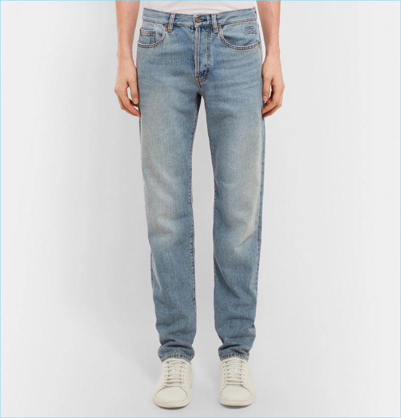 Saint Laurent Slim-Fit 17cm Hem Embroidered Denim Jeans