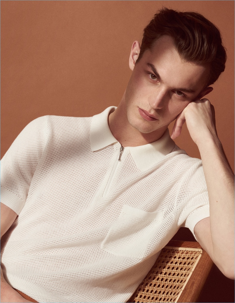 Model Kit Butler stars in the lookbook for Sandro's Mr Porter collaboration.