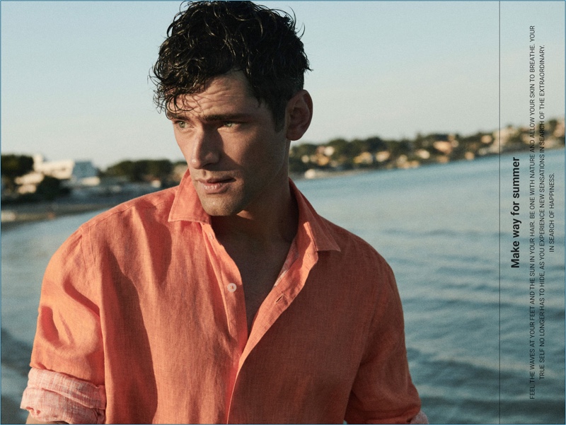 Sporting a linen shirt, Sean O'Pry connects with Massimo Dutti for summer.