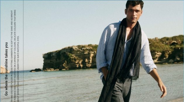 Sean O'Pry Makes Way for Summer with Massimo Dutti Connecting with Massimo Dutti, Sean O'Pry wears a linen band collar shirt. He also dons a linen scarf and chinos.