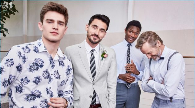 Simons Makes a Case for Elegant Wedding Style Soft blues hues and floral prints come together from LE 31. Models Bo Develius, Arthur Kulkov, Hamid Onifade, and Rainer Andreesen don smart tailored pieces for this year's wedding season. Arthur is dashing in a grey Bosco chambray cotton-linen suit.
