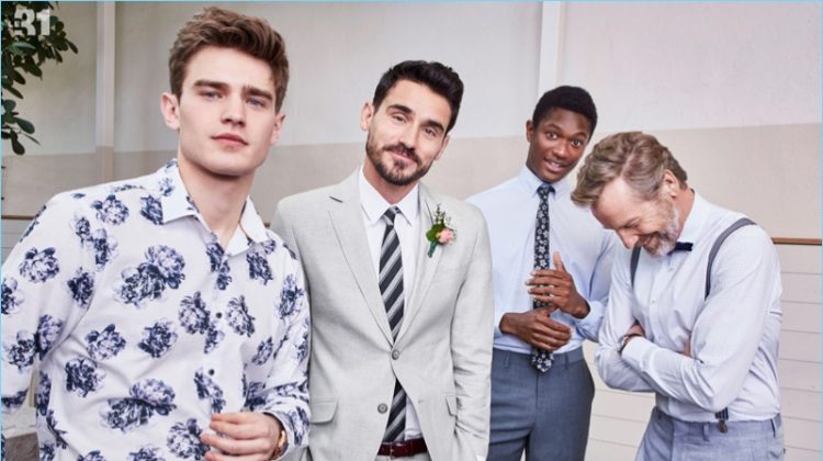 Soft blues hues and floral prints come together from LE 31. Models Bo Develius, Arthur Kulkov, Hamid Onifade, and Rainer Andreesen don smart tailored pieces for this year's wedding season. Arthur is dashing in a grey Bosco chambray cotton-linen suit.