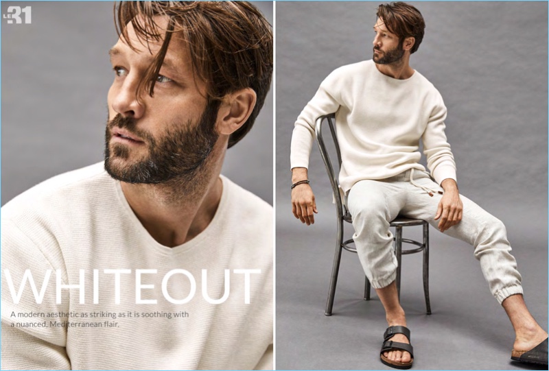 John Halls wears a LE 31 drop-shoulder sweater and pure linen joggers with Birkenstock sandals.