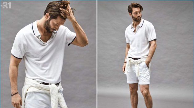 Whiteout: John Halls Embraces Summer Whites for Simons Embracing smart style, John Halls wears a LE 31 knit polo, Bermudas, and a cable-knit sweater with Birkenstock sandals.