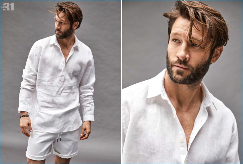 Model John Halls dons a LE 31 linen half-buttoned shirt and chino Bermudas.
