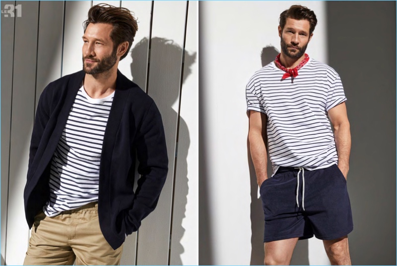 Left: John Halls wears a cardigan, striped t-shirt, and linen/cotton pants by LE 31. Right: The model sports LE 31's striped t-shirt, bouclé terry shorts, and a paisley bandana.