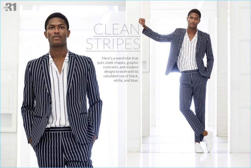 Hamid Onifade dons a nautical stripe suit with a camp collared shirt by LE 31.