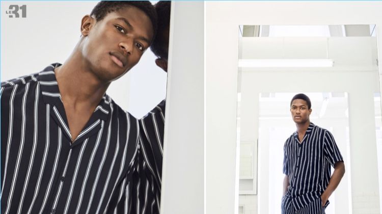 Making a case for coordinated clothes, Hamid Onifade wears a nautical striped shirt and shorts from LE 31.