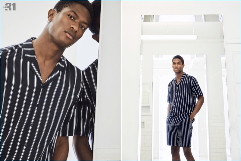 Making a case for coordinated clothes, Hamid Onifade wears a nautical striped shirt and shorts from LE 31.