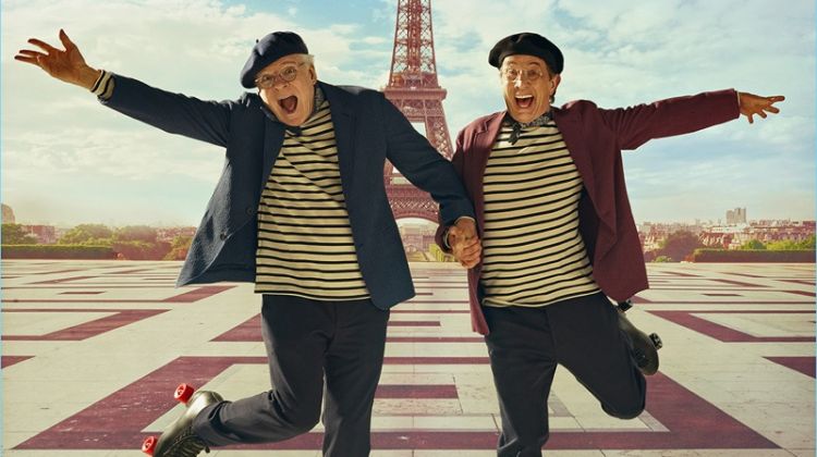 Steve Martin and Martin Short wear jackets and pants by Giorgio Armani. They also sport Armor-Lux shirts and Laulhere hats.