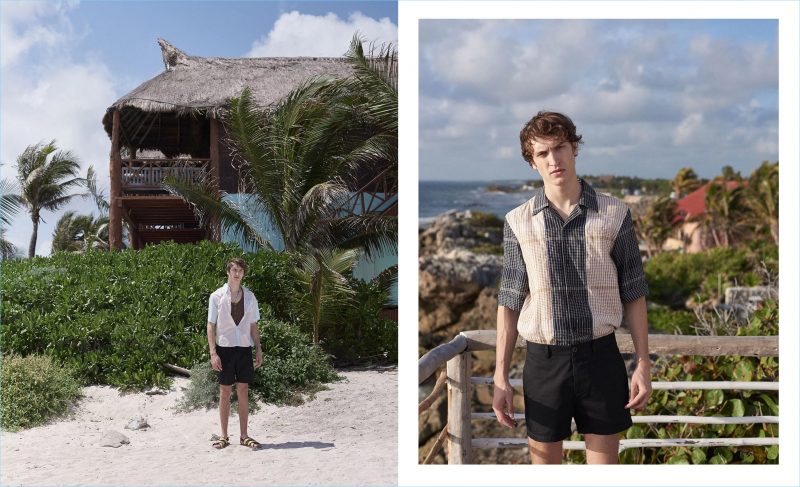 Left: Model Tim Dibble wears a Prada shirt, Bottega Veneta tank, and Éditions M.R. shorts. Marni sandals complete his look. Right: Tim rocks an Acne Studios shirt with Maison Margiela shorts. 