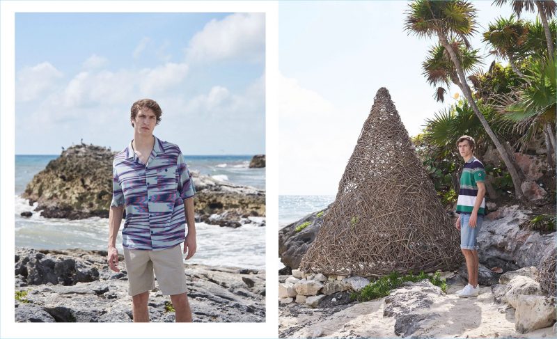 Left: Tim Dibble keeps his style simple in a Missoni shirt and Officine Generale shorts. Right: Wearing smart separates, Tim models a Missoni polo shirt, Balenciaga shorts, and Veja sneakers.