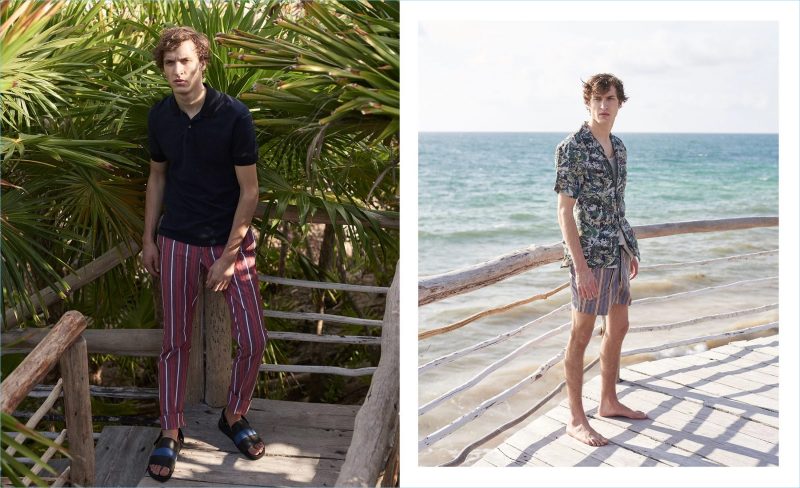 Left: Tim Dibble models a Berluti polo with Connolly striped trousers, and Marni leather sandals. Right: Taking to the beach, Tim sports a Lanvin printed shirt with Onia striped swim shorts. 