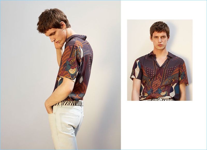 Making a bold statement, Theo Neilson rocks a printed shirt from Topman.