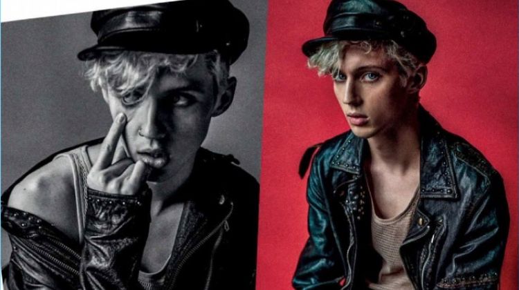 Embracing biker chic style, Troye Sivan stars in a photo shoot for Attitude magazine.