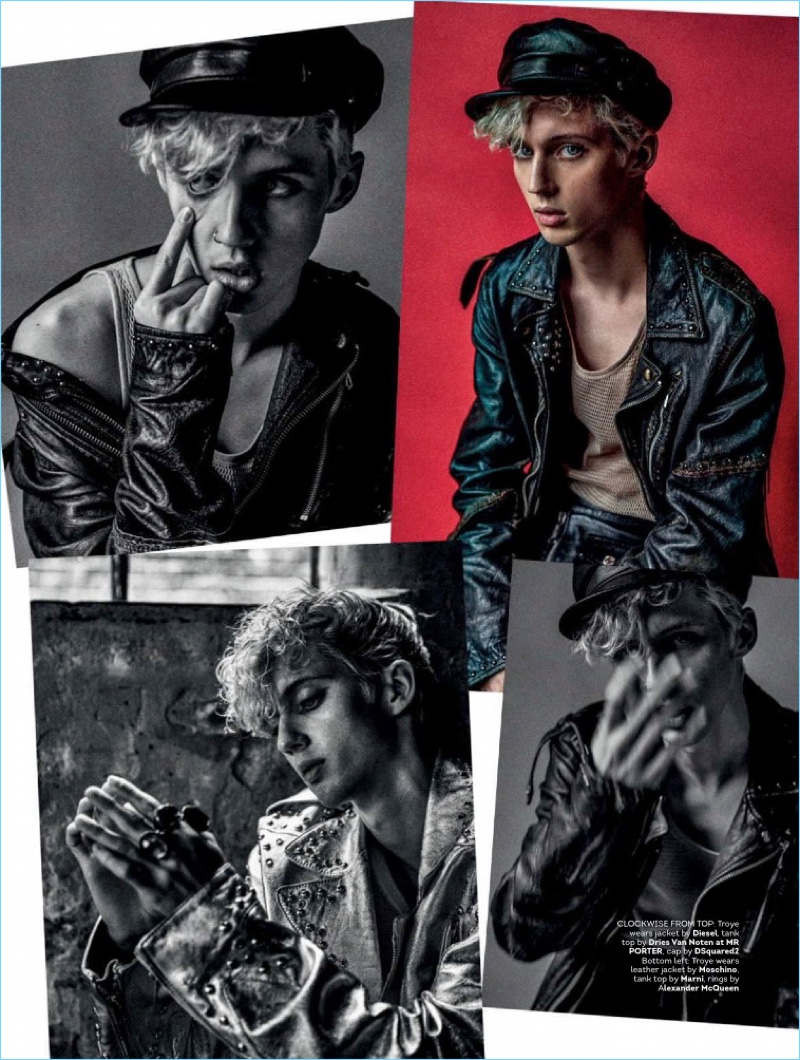 Embracing biker chic style, Troye Sivan stars in a photo shoot for Attitude magazine.