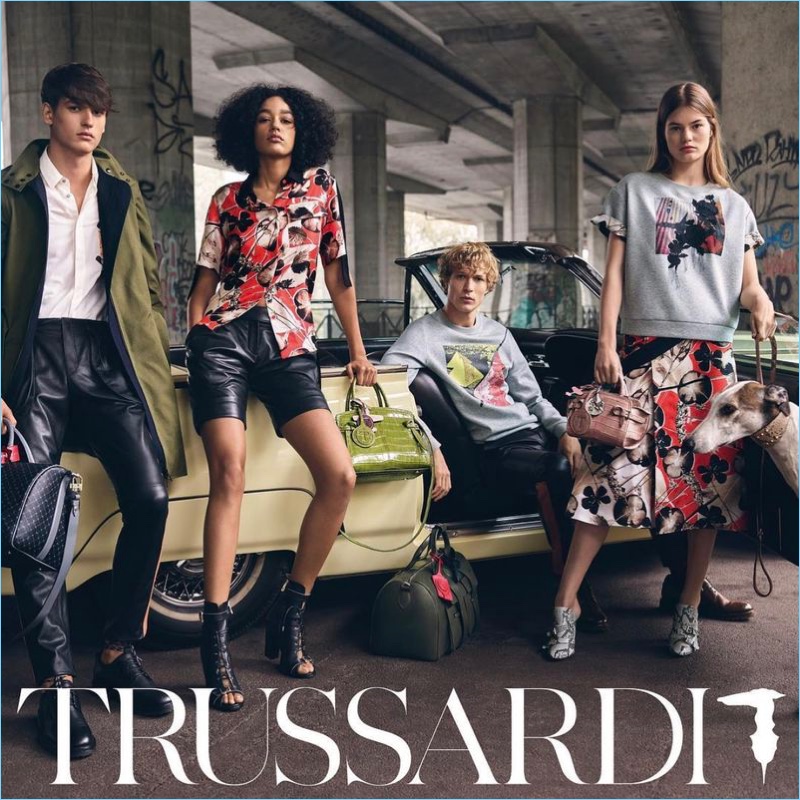 Billy Kidd photographs Damaris Goddrie, Jegor Venned, Sven de Vries, and Myrthe Bolt for Trussardi's spring-summer 2018 campaign.