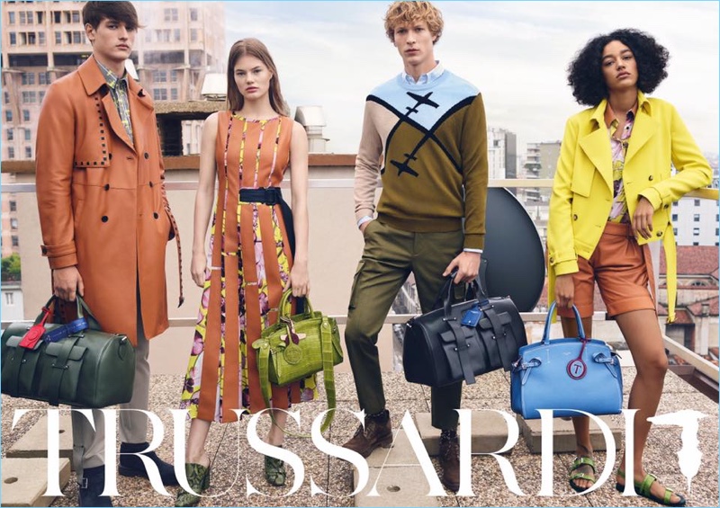 Models Jegor Venned, Myrthe Bolt, Sven de Vries, and Damaris Goddrie star in Trussardi's spring-summer 2018 campaign.