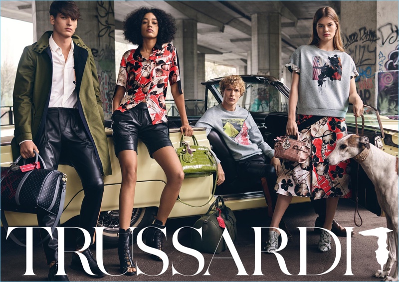 Trussardi enlists Jegor Venned, Damaris Goddrie, Sven de Vries, and Myrthe Bolt as the stars of its spring-summer 2018 campaign.