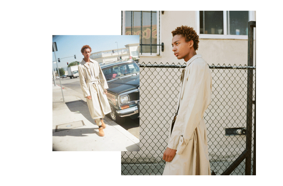 Devin Mingo wears vintage trench Burberry, shoes Fenty by Puma, t-shirt and pants Calvin Klein.