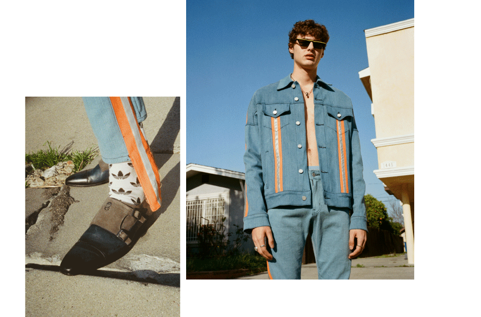 Darwin Gray wears sunglasses Alexandre Vauthier, shoes CADOGAN, denim jacket and pants Paraval.