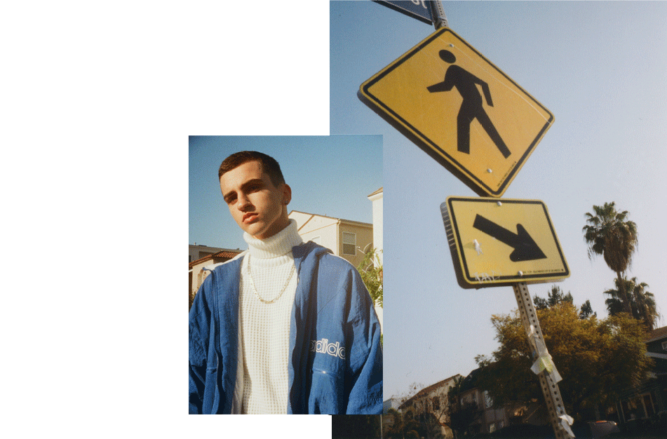 Dyllon Feusi wears top Acne Studios, necklace Mayageller, and oversized bomber jacket Adidas.