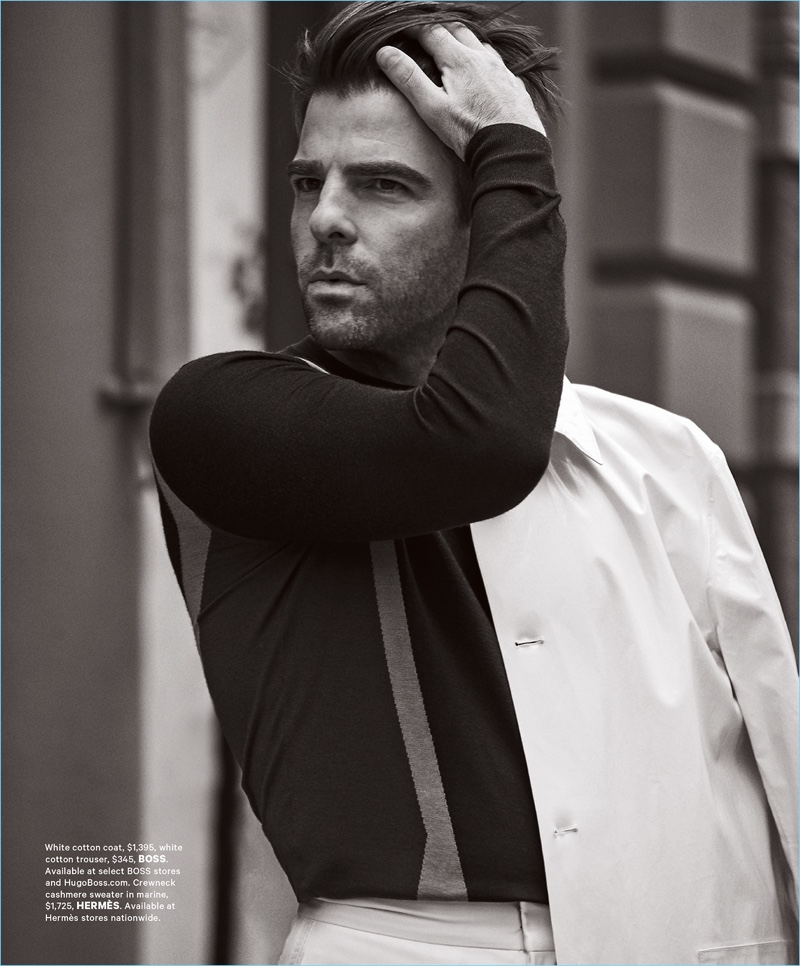 Starring in a photo shoot, Zachary Quinto wears a BOSS coat and trousers with a Hermès sweater.