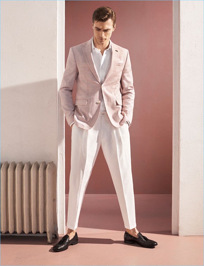 Embracing spring pastels, Clément Chabernaud dons suiting by Zara.