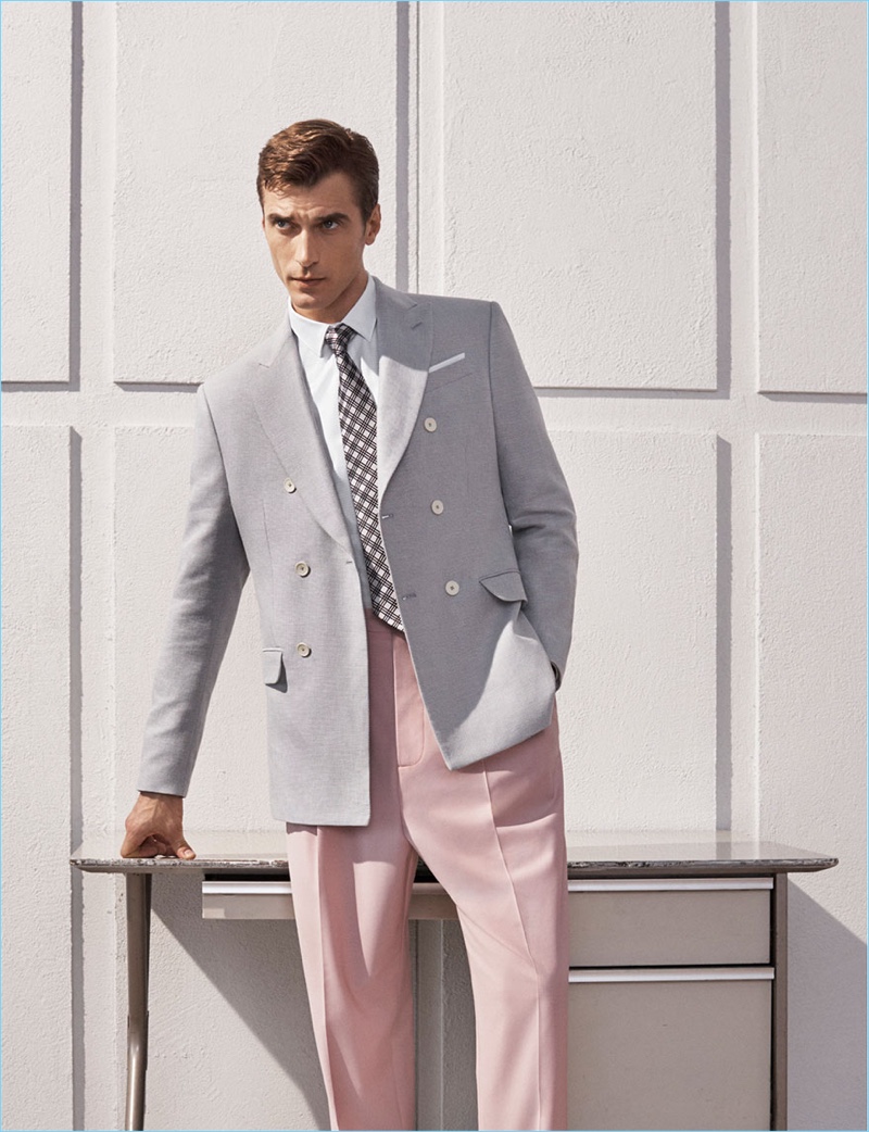 Sporting grey and pink, Clément Chabernaud wears a suiting number from Zara.