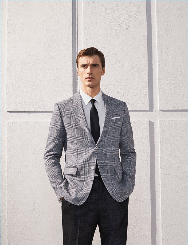 French model Clément Chabernaud wears a tailored look from Zara.