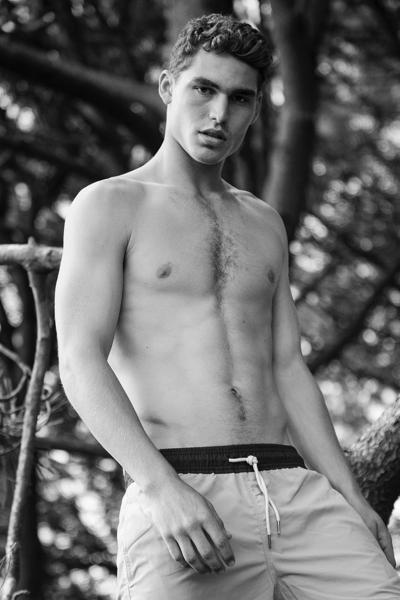 Fresh face Brayden Templeton wears swim shorts by Venroy.