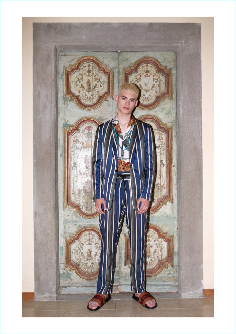 Charly Ignacio wears a striped suit from Christian Pellizzari's spring-summer 2019 collection.