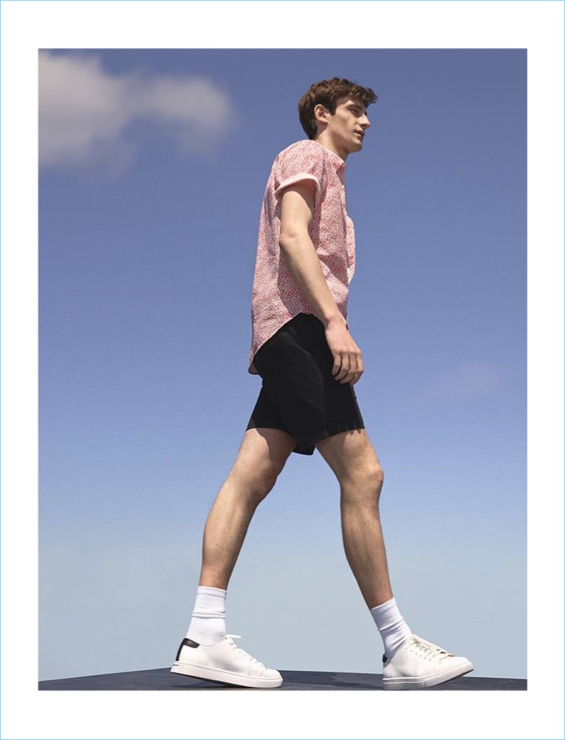 Connecting with Club Monaco, Matt Doran sports a slim rose seersucker shirt and Baxter shorts.