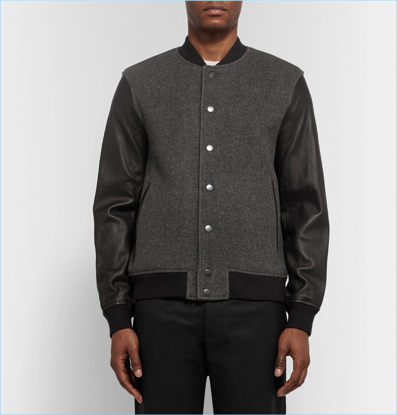 Club Monaco Wool-Blend Twill And Leather Bomber Jacket