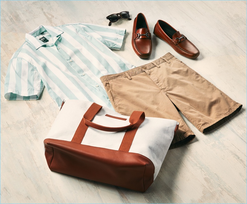 Norse Projects shorts, Gitman Vintage striped shirt, To Boot New York loafers, Want Les Essentiels tote, and Ray-Ban wayfarer sunglasses.