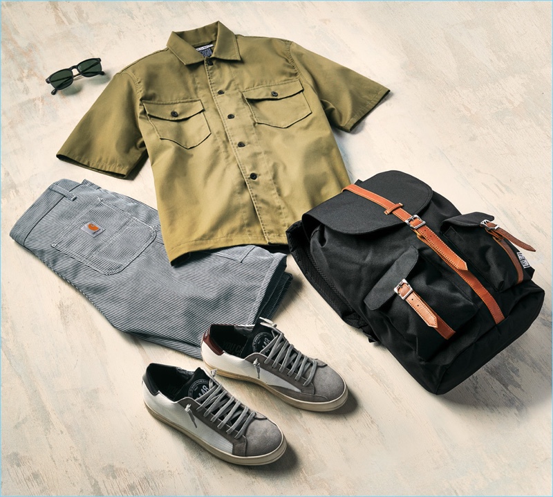 P448 sneakers, Raen sunglasses, Carhartt WIP shorts, Herschel Supply Co. backpack, and Our Legacy short-sleeve shirt.