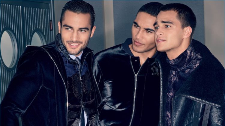 Models Aleksandar Rusic, Leroy Mortiz Aiyanyo, and Pepe Barroso front Emporio Armani's fall-winter 2018 campaign.