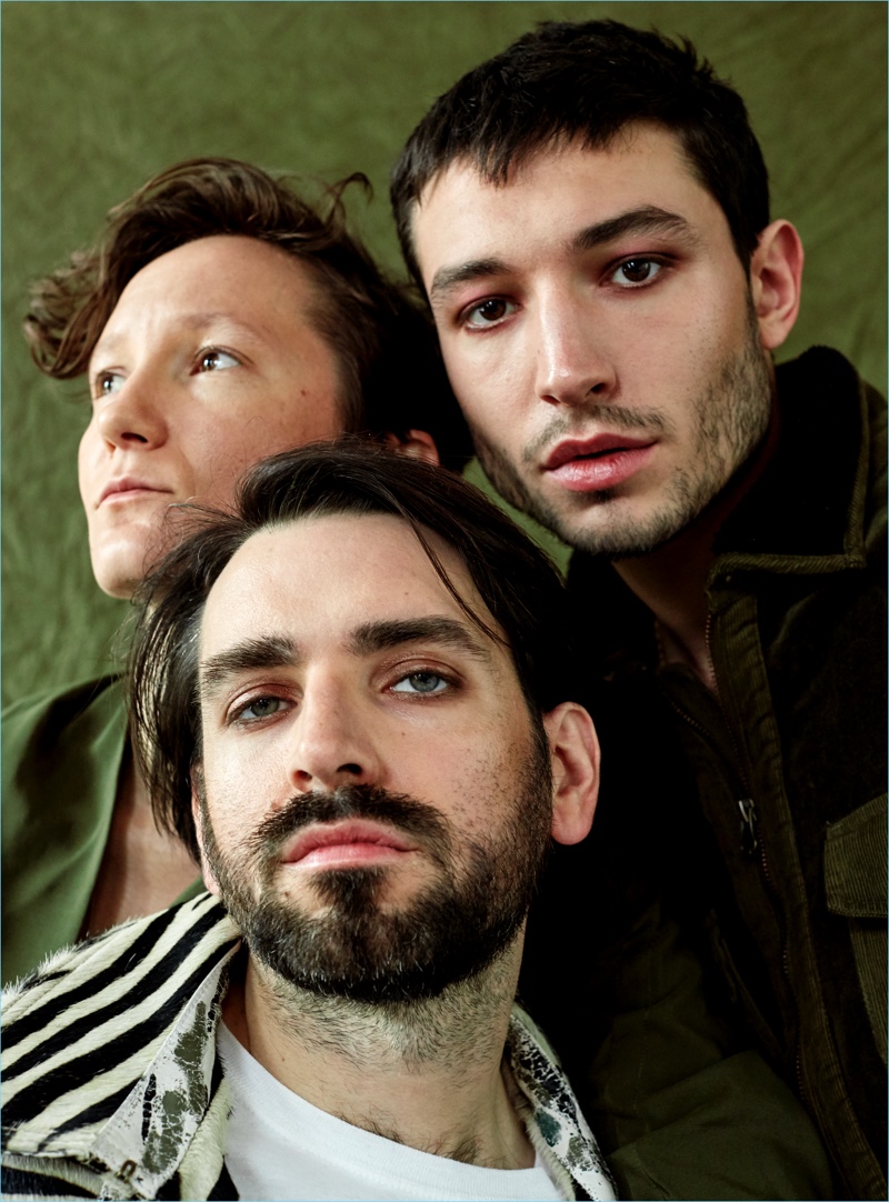 Actor Ezra Miller poses with his band Sons of an Illustrious Father.