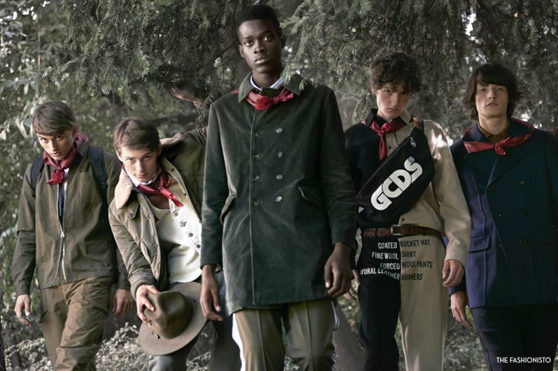 Left to Right: Daniel wears shirt Shirt Studio, jacket Pence 1979, military pants Fase, and backpack GCDS. Conlan wears striped shirt Canali 1934, t-shirt American Vintage, vest Pence, pants Eleventy, hat Stetson, and jacket Off. Felipe wears velvet jacket L'Impermeabile, shirt Shirt Studio, and pants GCDS. Leander wears all clothes Angelos Frentzos, belt bag GCDS, and belt Sergio Gavazzeni. Victor wears polo Eleventy, jacket Canali 1934, and pants Eleventy.