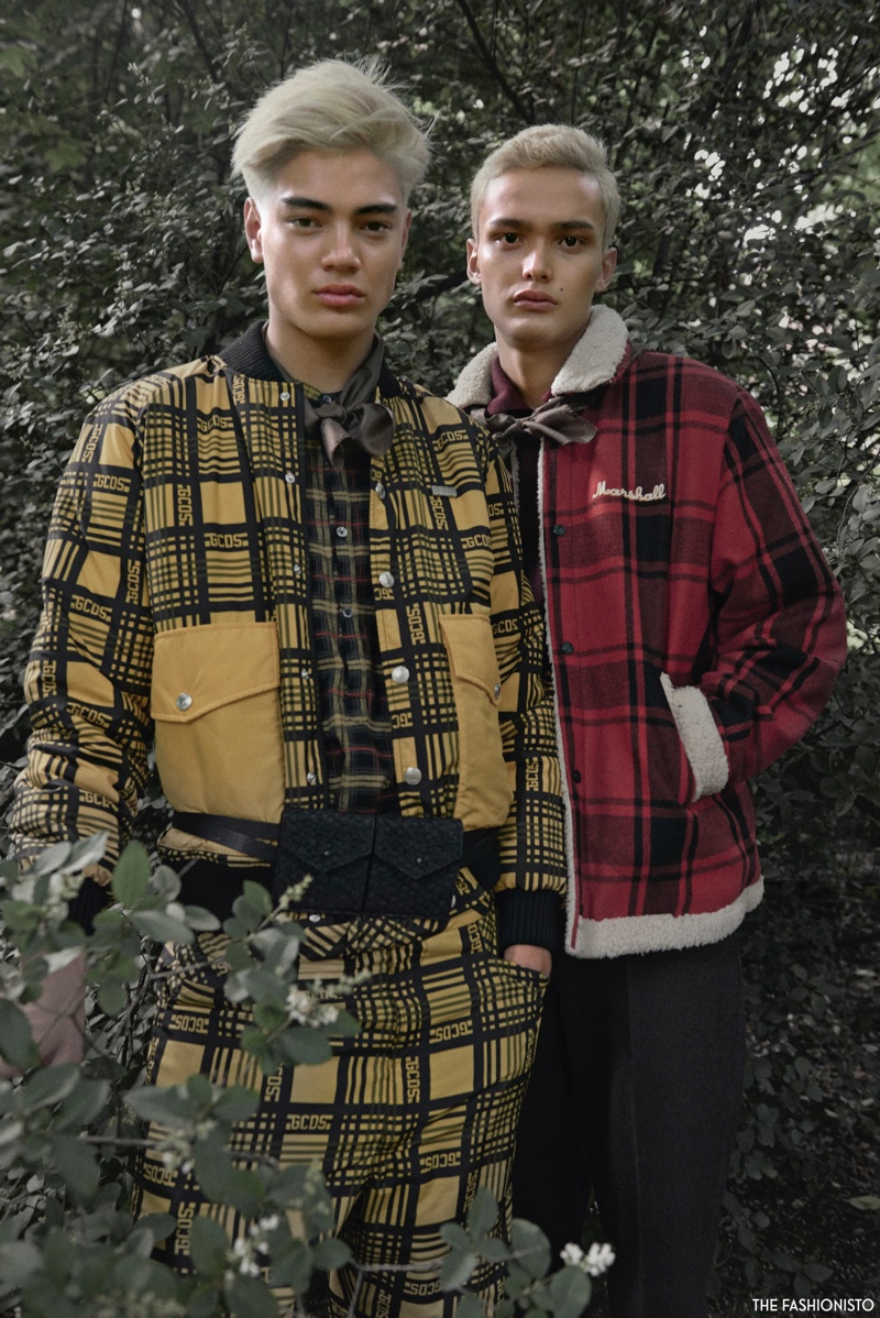 Left to Right: Geron wears check shirt Pence 1979, jacket and pants GCDS. Mika wears polo Canali 1934, jacket Franklin & Marshall, and pants Canali 1934.