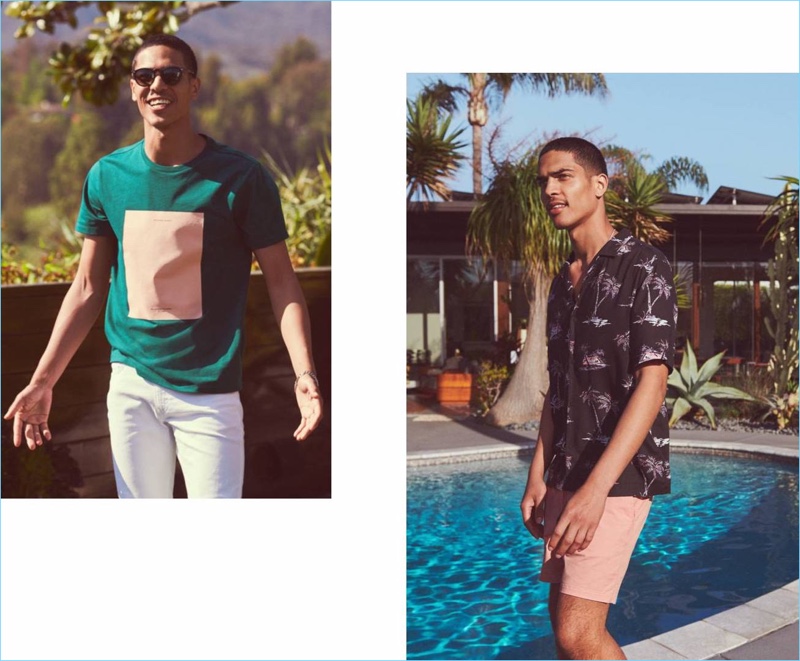 Left: Geron McKinley wears a graphic tee and white skinny-fit pants from H&M. Right: He sports a relaxed fit resort shirt and cotton shorts by H&M.