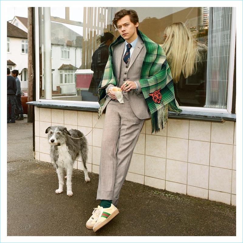 Harry Styles dons a three-piece suit for Gucci's fall-winter 2018 tailoring campaign.