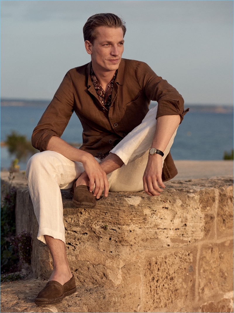 Inspiring to say the least, Hugo Sauzay wears Mango Man's suede espadrilles.