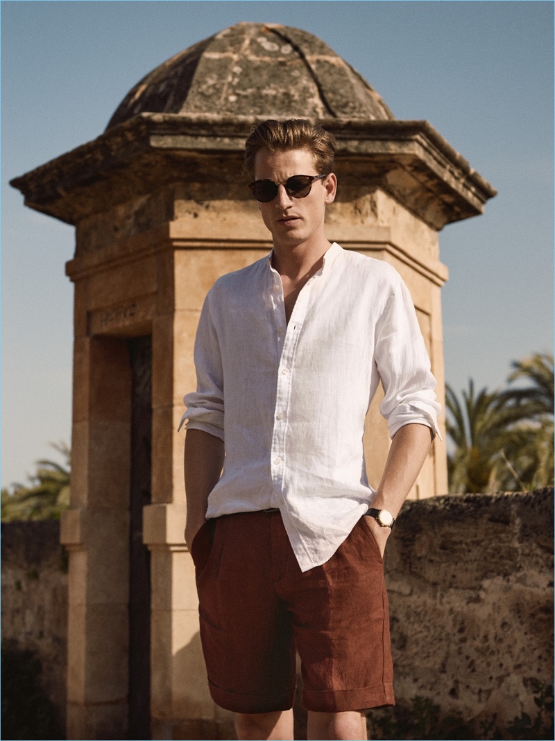 Donning Bermuda shorts, Hugo Sauzay is the epitome of Mango Man's summer style.